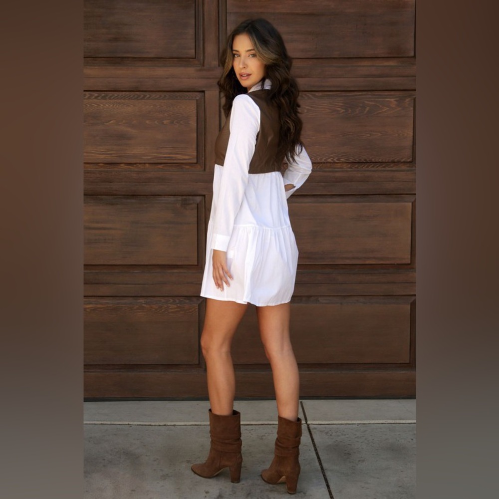 (52512-WHT/CML) LONG SLEEVE ZIP-UP DRESS WITH PU VEST CONTRAST - Picture 4 of 4